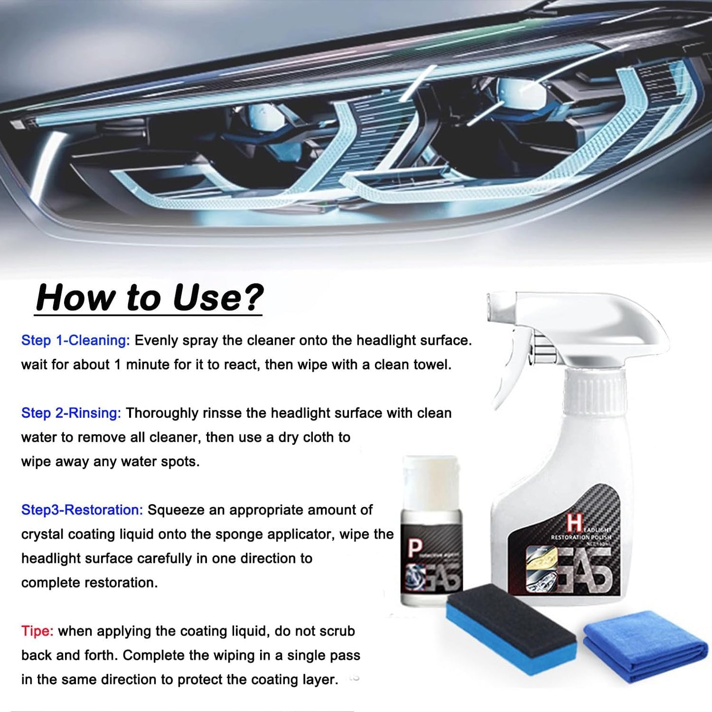 Car Headlight Restoration Polishing Kits Headlamp Repair Kits Car Light Polisher Cleaning Kits Ceramic Coating Spray Shiny Stuff Headlight Cleaner-6.3Fl.Oz
