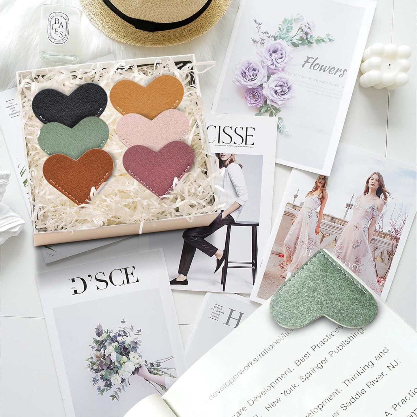 Leather Heart Bookmarks - Winjeto 6 Pieces Cute Corner Page Book Marks for Teachers Students Book Reading Lovers, for School Office Home Supplies (Heart(6pcs))