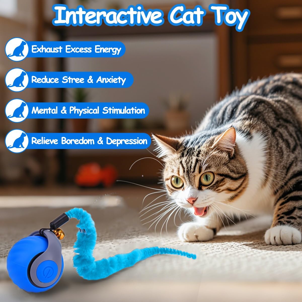 Interactive Cat Toy Ball - Speedy Cat Toys for Indoor Cats with Feather Tails for Chasing, Moving Stimulation Smart Cat Toy for Enrichment, Motion Activated Automatic Rolling Toys to Keep Them Busy
