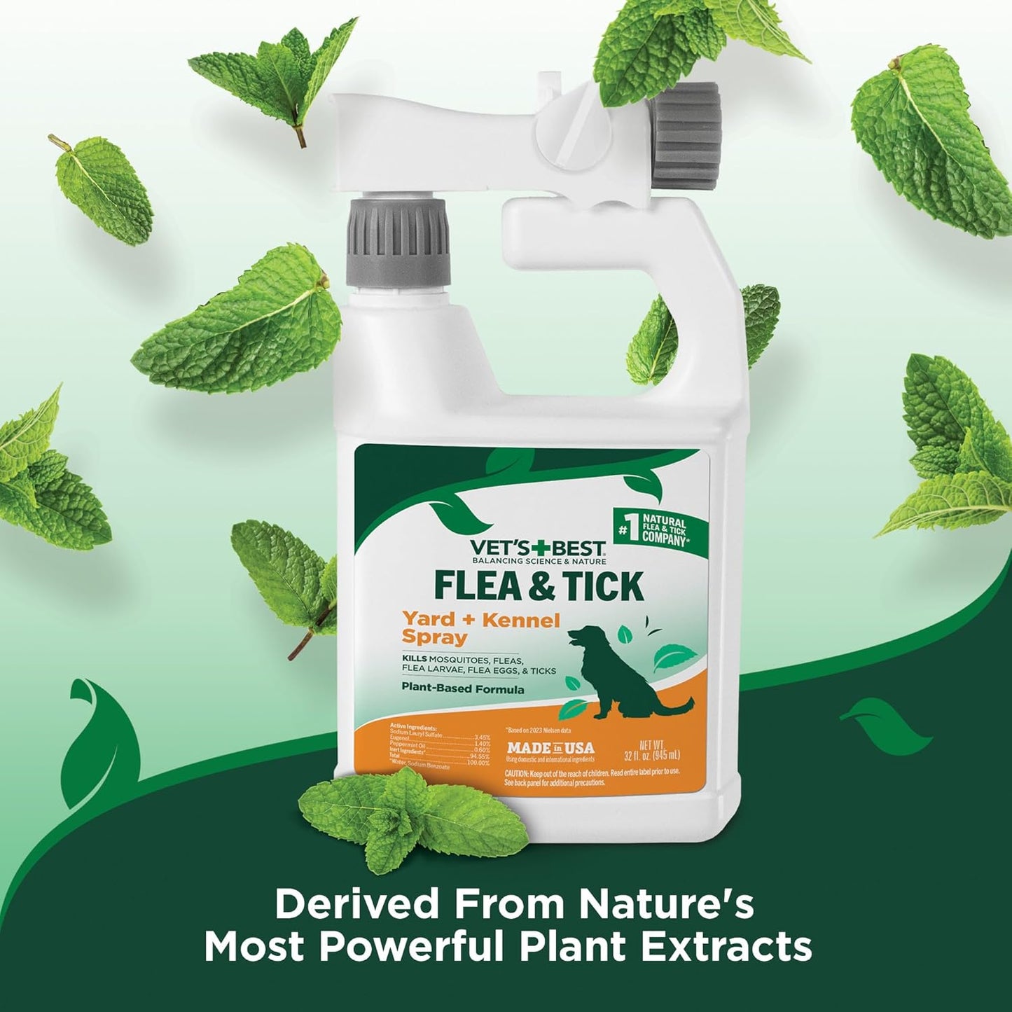 Vet's Best Natural Flea and Tick Yard and Dog Kennel Spray, Plant Safe Tick Spray for Yard with Ready-to-Use Hose Attachment, Mosquito Repellent with Natural Oils, Flea Prevention for Dogs, 32 oz