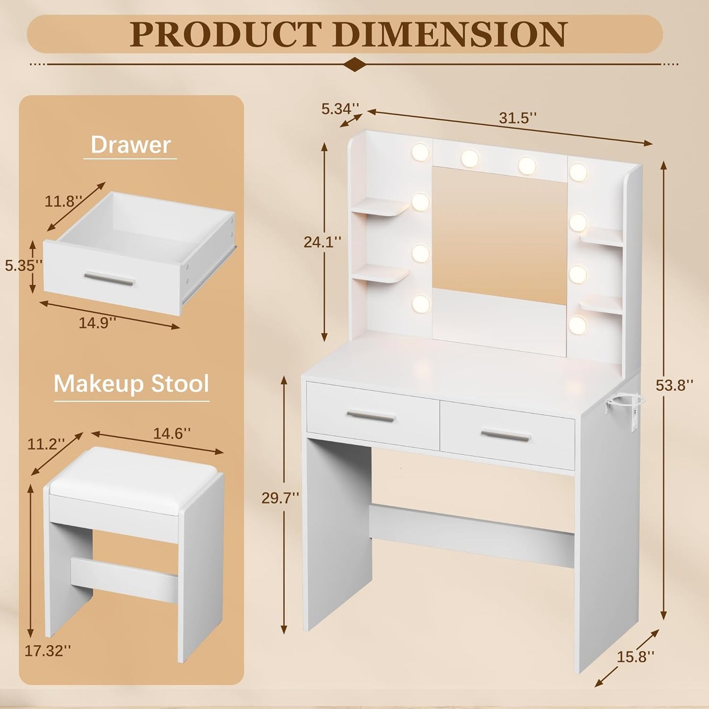 Furmax Make up Vanity Desk with Mirror and Power Outlet, Vanity with 3 Color Light Options Adjustable Brightness,Vanity Desk with 2 Drawers, 6 Storage Shelves (White, with Bench)