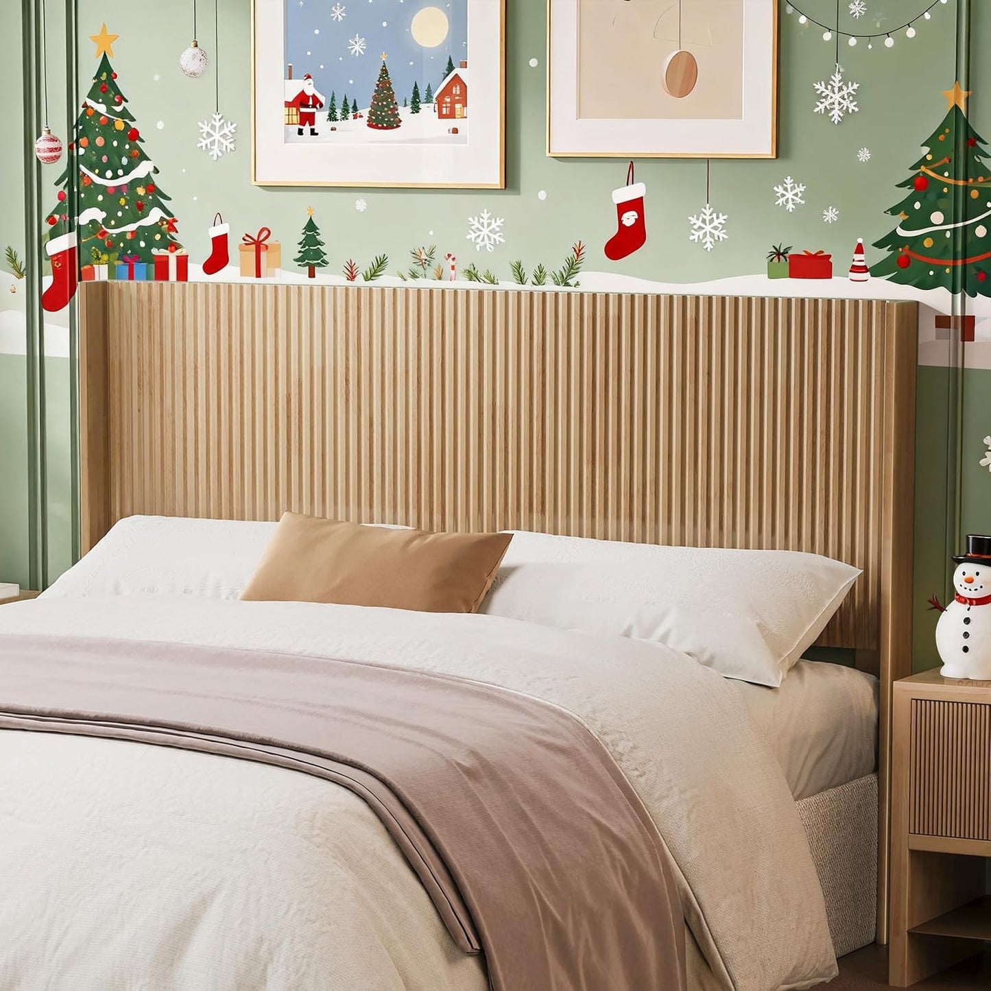 Wood Headboard Queen Size, 64.6" Wide Wooden Queen Headboard Only, Modern Farmhouse Headboards, Wall Mounted Fluted Panel, Wingback Boho Headboards, Natural