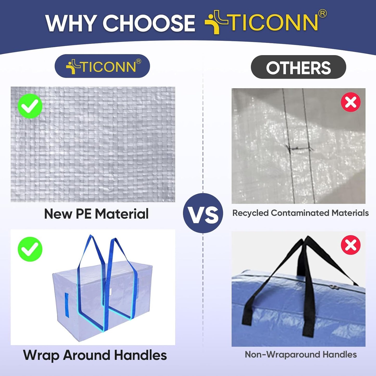 TICONN 6-Pack Extra Large Moving Bags with Zippers & Handles – Heavy-Duty Waterproof Storage Totes (24-Gallon)