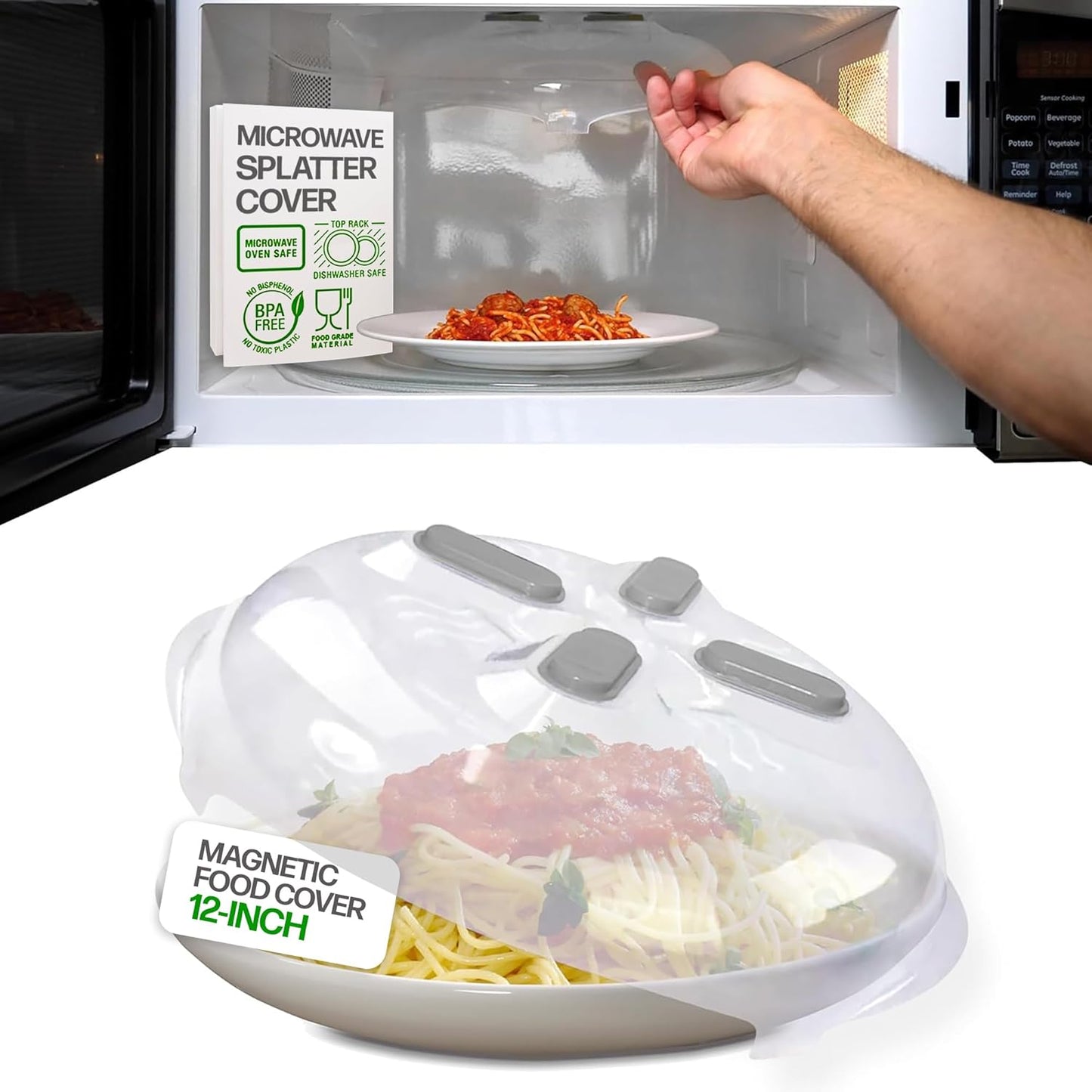 HOVER COVER Magnetic Splatter Cover, 12-Inch Clear BPA-Free Food Lid, Vented Plate Guard with Steam Vents, Anti-Splash Microwave Lid, Dishwasher Safe, Space-Saving Magnetic Storage - Gray