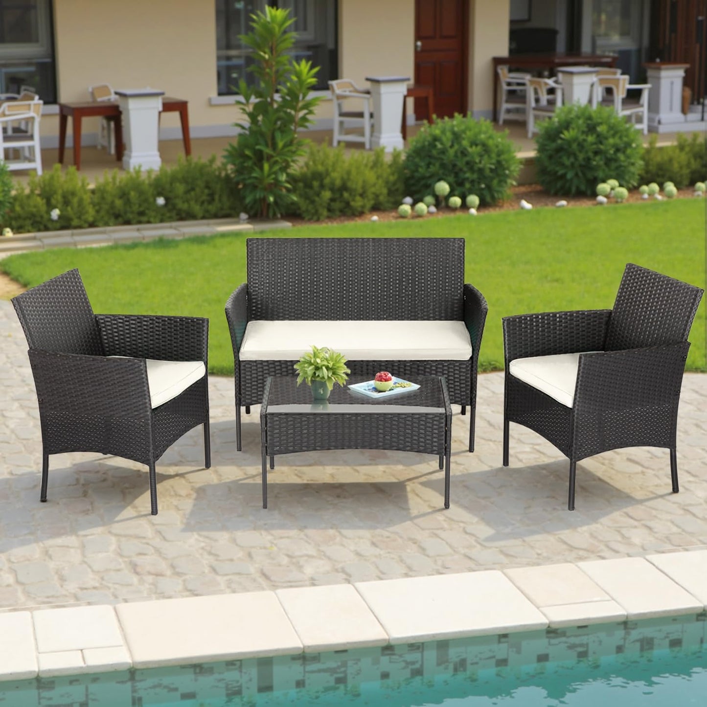 FDW | 4-Piece Patio Furniture Set | Black | Outdoor Wicker Furniture with Coffee Table | Modern Rattan Chairs Conversation Set | Outdoor Seating | Weather-Resistant | for Porch, Garden, Lawn