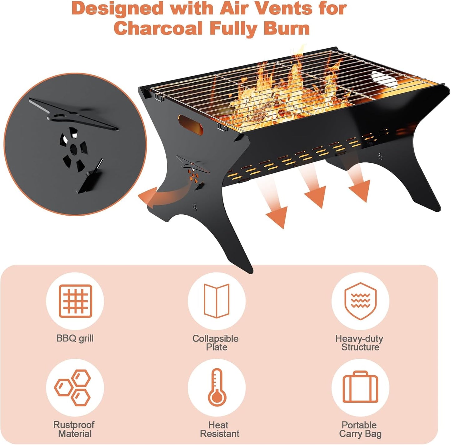 Camping Campfire Grill, 16"Lx12"D Portable Folding Charcoal Grills, Backpacking BBQ Grill with Carry Bag, Outdoor Fire pit for Camping, Picnic, Bonfire, Patio, Backyard