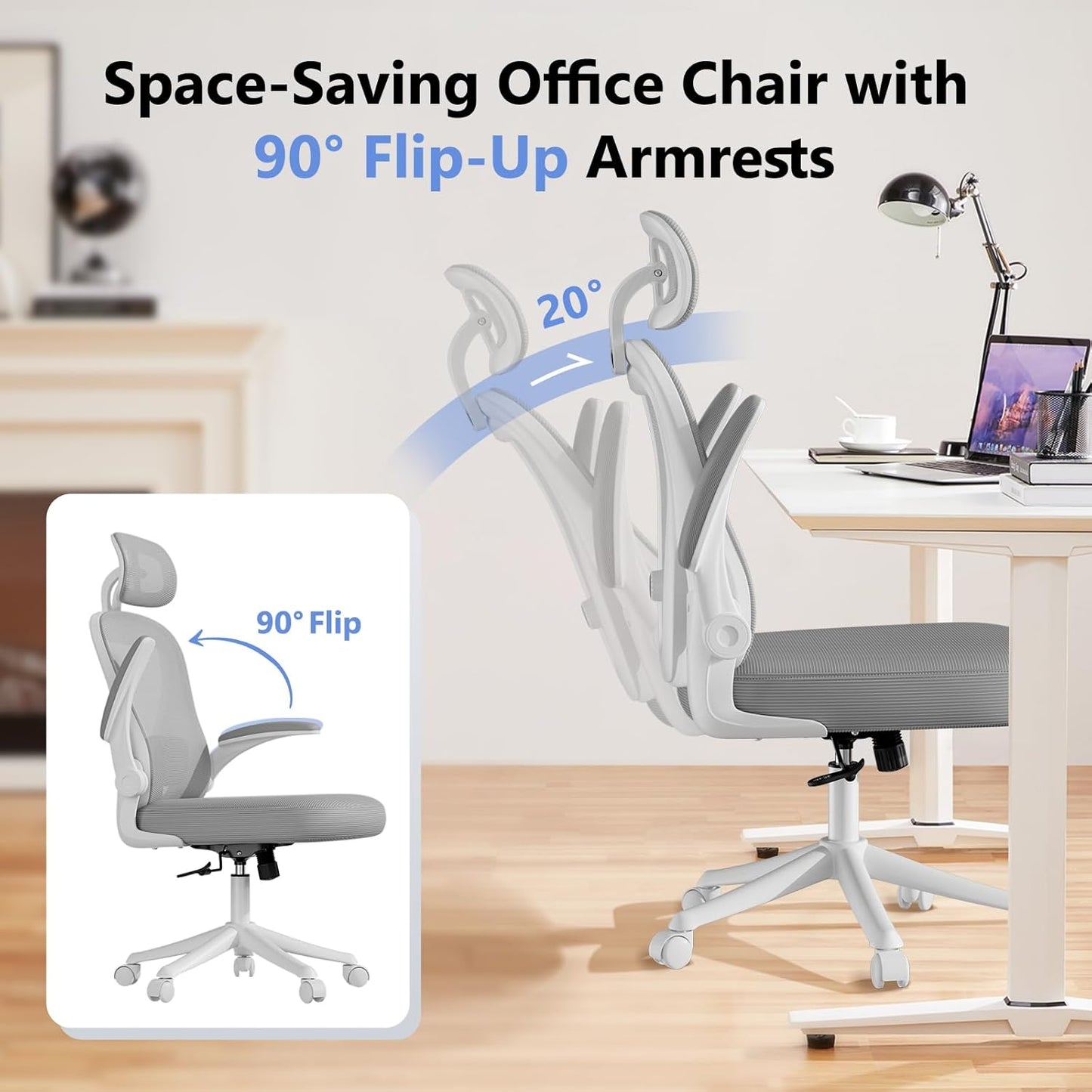 Computer Desk Chair, Ergonomic Office Chair M903 with Wheels, High Back Mesh Office Chair with Adjustable Lumbar Support, Headrest, Flip-Up Armrests, Withe Grey