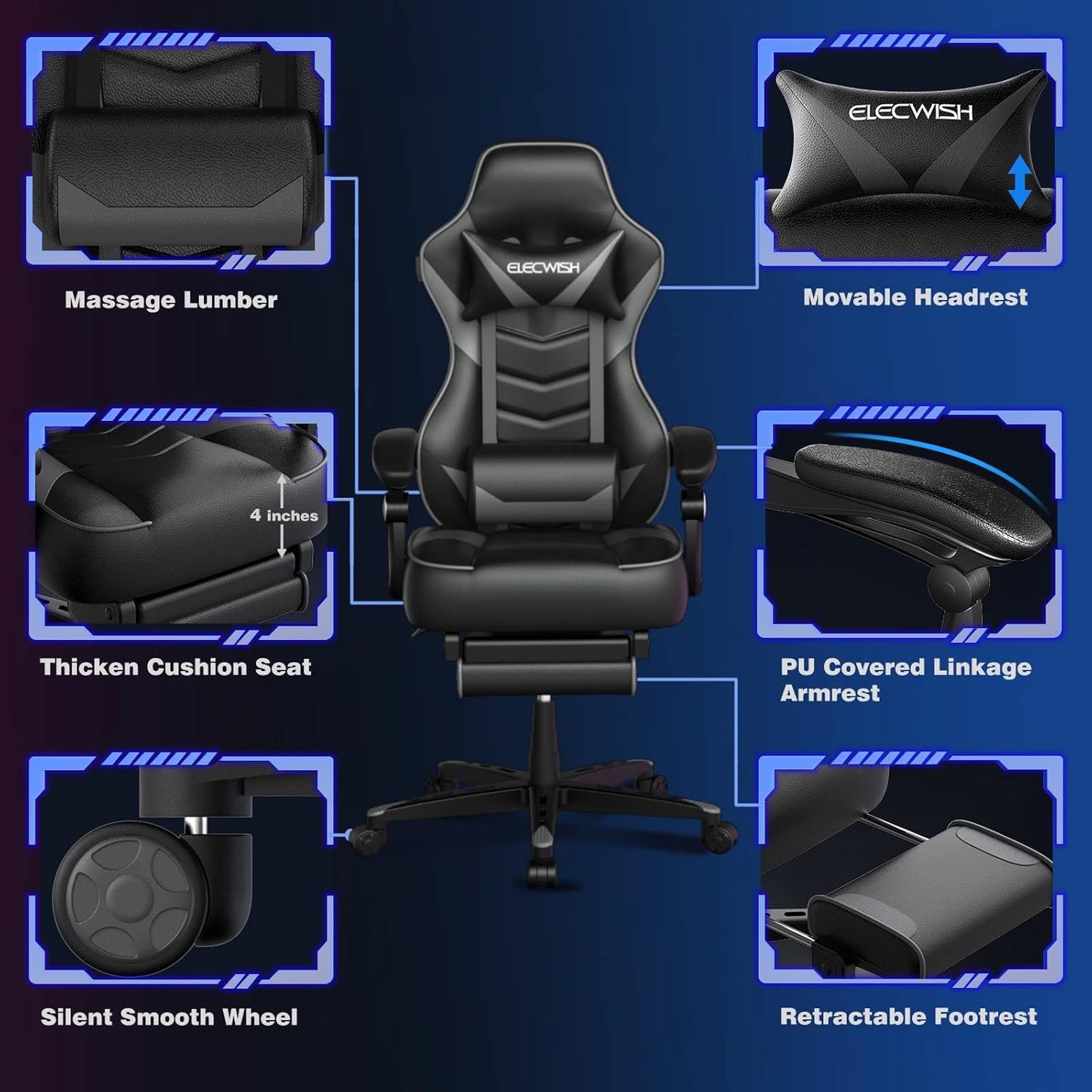 ELECWISH Gaming Chair, Backrest and Seat Height Adjustable Swivel Recliner Racing Office Computer Ergonomic Video Game Chair with Footrest and Lumbar Support, Gray