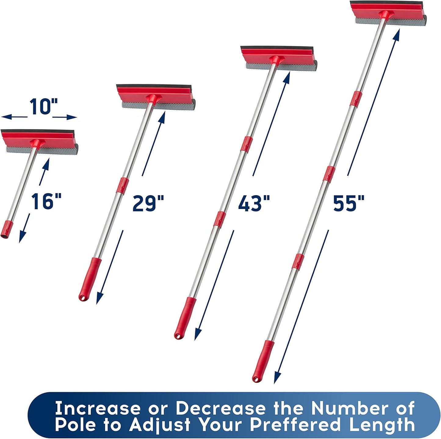 DSV Standard Window Squeegee, 2-in-1 Window Cleaner with 55" Extension Poles, Window Washing Kit, Glass Door Cleaner, Multi-Use Car Windshield Cleaning Tool with Long Handle for High Outdoor Windows