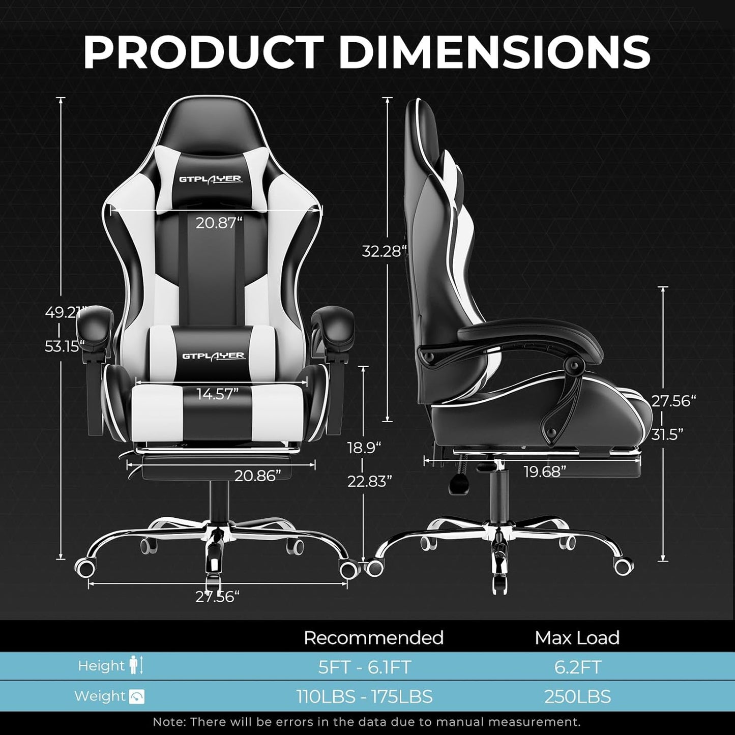 GTPLAYER Gaming Chair, Computer Chair with Footrest and Lumbar Support, Height Adjustable Game Chair with 360°-Swivel Seat and Headrest and for Office or Gaming (White)