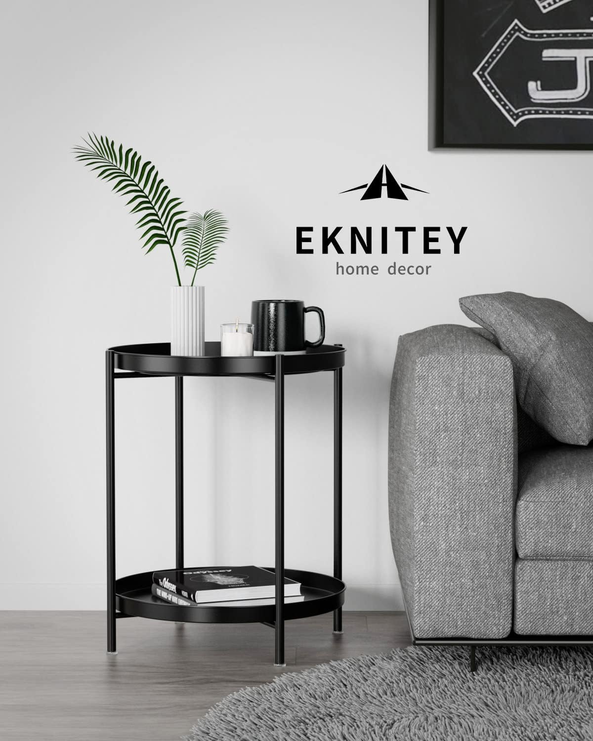 EKNITEY 2 Tier End Table - Metal Side Table Waterproof Small Sofa Coffee Side Tables Bedroom Indoor Outdoor with Removable Tray for Living Room Bedroom Balcony and Office (Black)