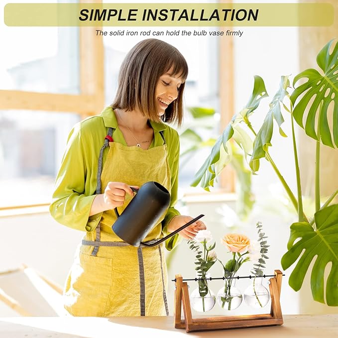 XXXFLOWER Plant Terrarium with Wooden Stand, Air Planter Bulb Glass Vase Metal Swivel Holder Retro Tabletop for Hydroponics Home Garden Office Decoration - 3 Bulb Vase - Cart Shape