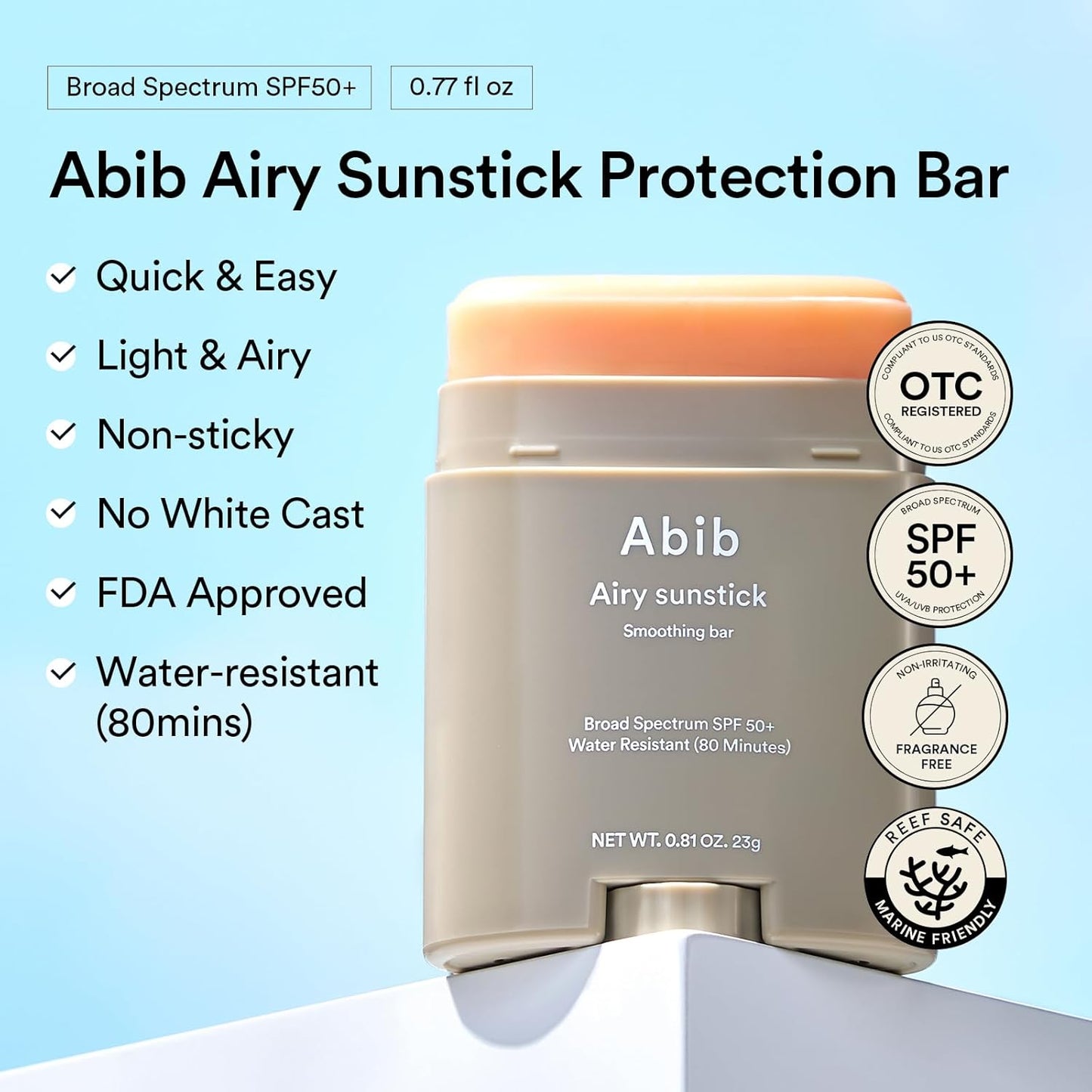 Abib Airy Sunstick SPF50+ 0.81oz | Korean Sunscreen Stick, No Whitecast, Water-Resistant - Cart Shape
