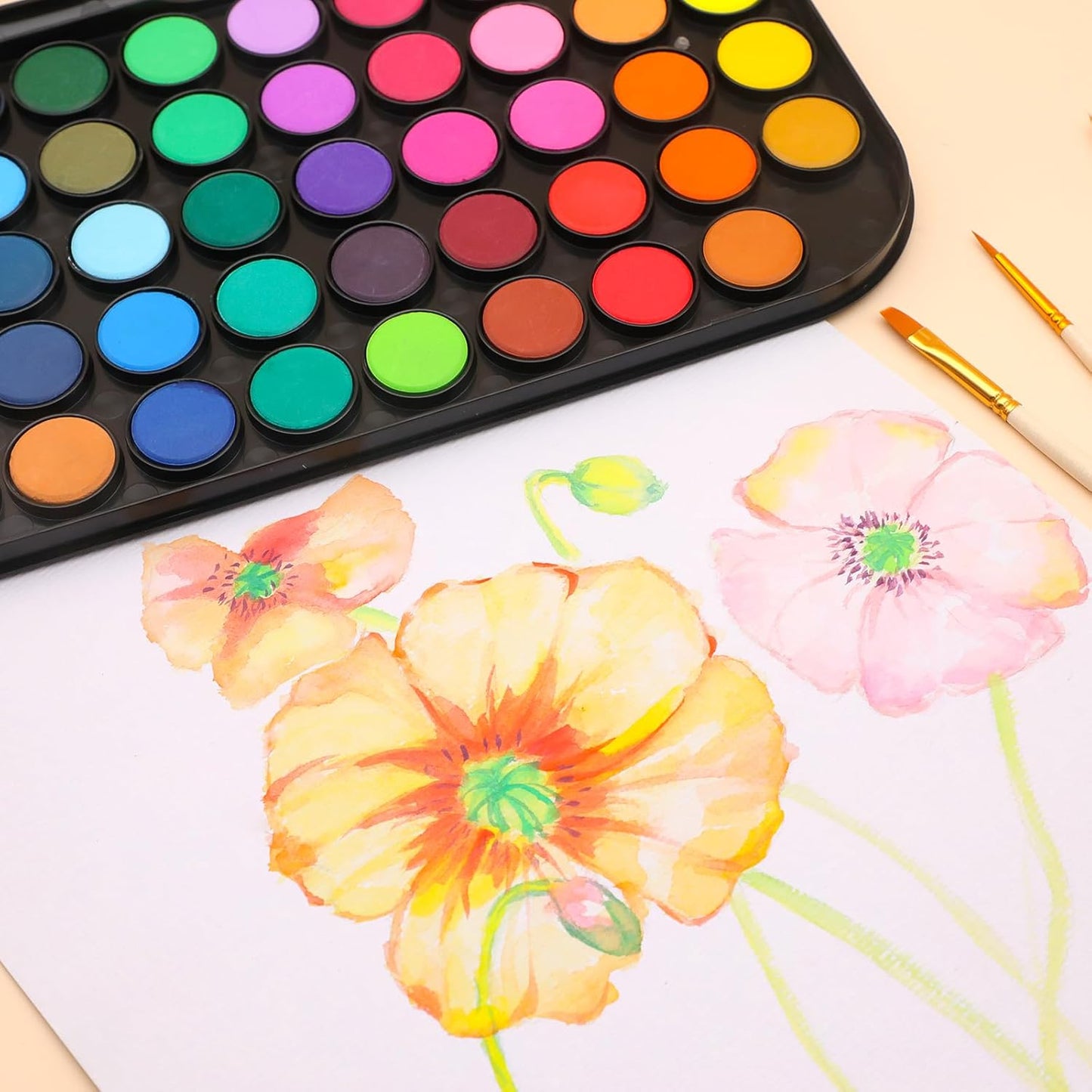 Artecho 48 Colors Watercolor Cake Set with 3 Brushes, Washable, Travel Design, Perfect for Card Making, Illustrations, Painting, Calligraphy