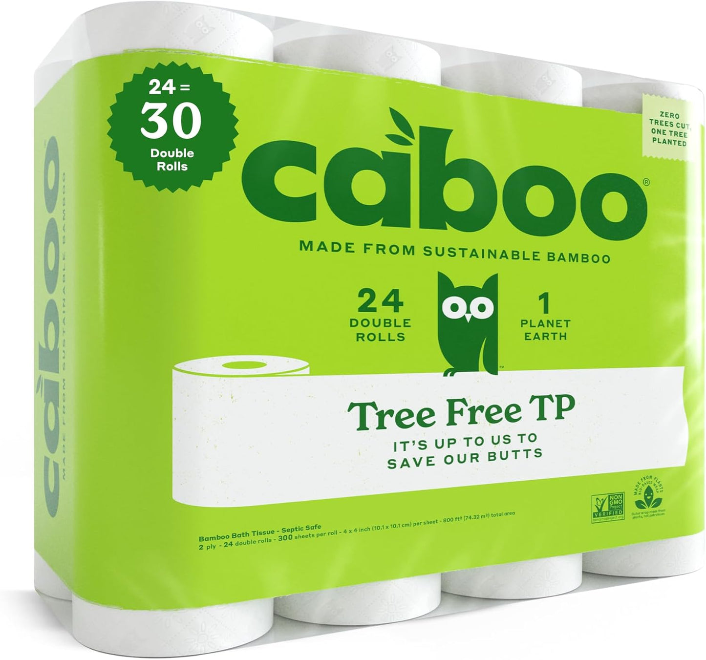 Caboo Tree Free Toilet Paper, Septic Safe Toilet Tissue, Non Toxic, Chemical Free, Non Toxic, 2 Ply Bathroom Toilet Paper | Pack of 24 Double Rolls, 300 Sheets Per Roll