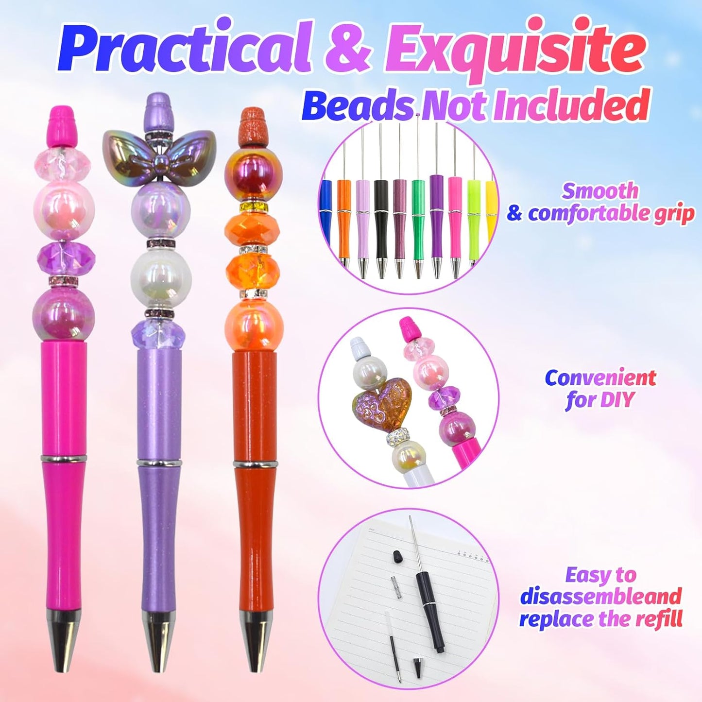 150 Pieces DIY Beadable Pen Kit – 50 Plastic Ballpoint Pens with Refills & Bags, Beads Not Included – School Supplies, Office Accessories & Craft Gifts for Students & Teachers (Multicolor)