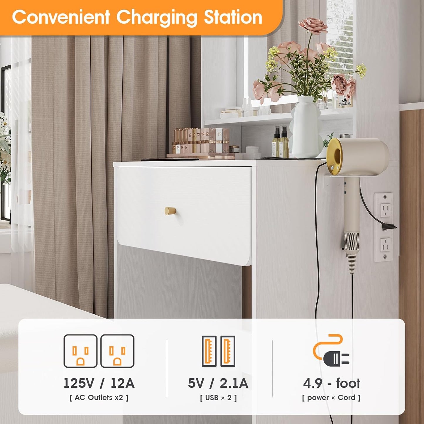 Vabches Make Up Vanity Desk with Mirror and Lights, White Vanity Table Set with Charger Station,Girls Small Vanity and Storage Chair