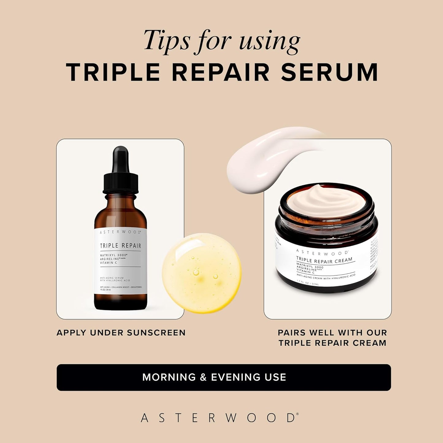 Asterwood Triple Repair Matrixyl 3000 + Argireline + Hyaluronic Acid + Vitamin C Serum for Face - Anti-Aging, Collagen Boosting, Hydrating - Fragrance-Free - 1 Fl Oz