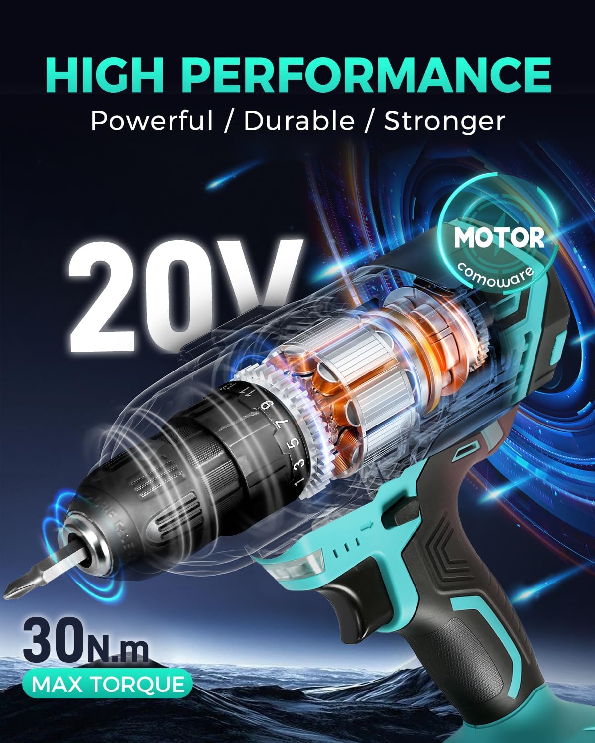 COMOWARE 20V Cordless Drill, Electric Power Drill Set with 1 Battery & Charger, 3/8” Keyless Chuck, 2 Variable Speed, 266 In-lb Torque, 25+1 Position and 34pcs Drill/Driver Bits