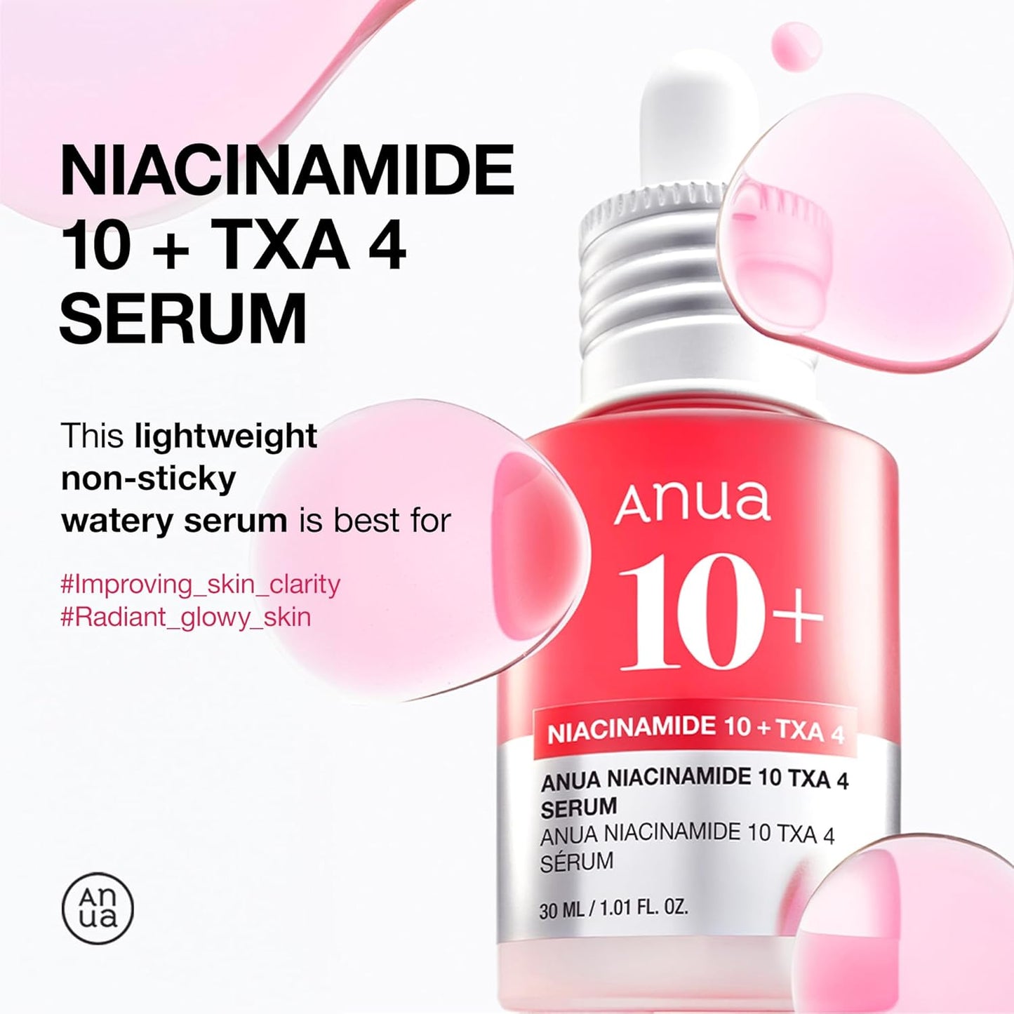 ANUA Niacinamide 10 + TXA 4 Serum, Hyaluronic Acid, Tranexamic acid, Vitamin B12, Facial Serum for Glass Skin, Clarifying, Radiant Complexion with Natural Color, Korean Skin Care (30ml /1.01 fl.oz)