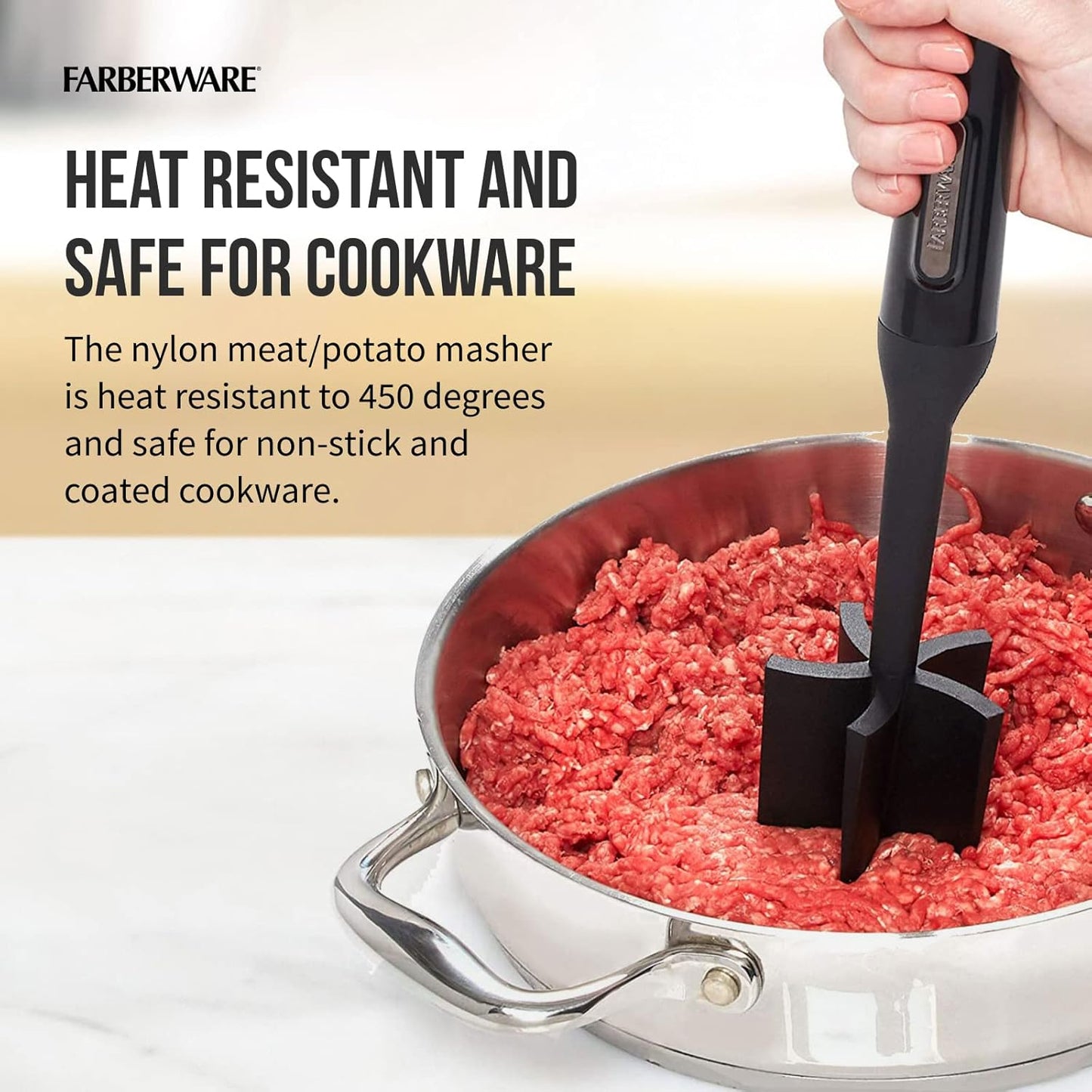 FARBERWARE Nylon Meat and Potato Masher – 5-Blade Ground Meat Chopper, Heat-Resistant to 450°F, Safe for Nonstick Cookware, Ergonomic Handle, 10-Inch, Dishwasher-Safe, Black