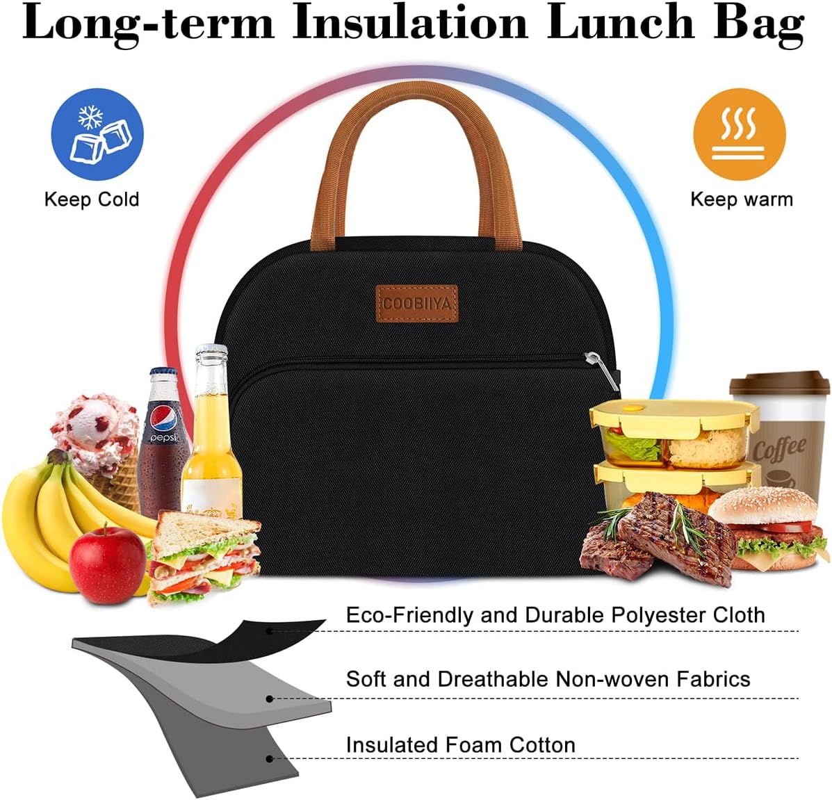 Coobiiya Lunch Box Lunch Bag for Women Adults Men, Reusable Cute Lunch Pail bag - Leakproof, Insulated Lunch Box Tote with Large Capacity, Cooler Lunch Container for Work/Travel/Office (Black)