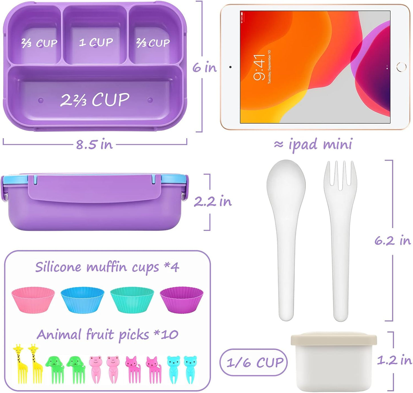 QQKO Bento Lunch Box for Kids Girls Boys, Toddler Kids Lunch Boxes for School, Lunch Containers for Adults with 4 Compartments, Sauce Container, Utensils, Food Picks and Muffin Cups, Purple