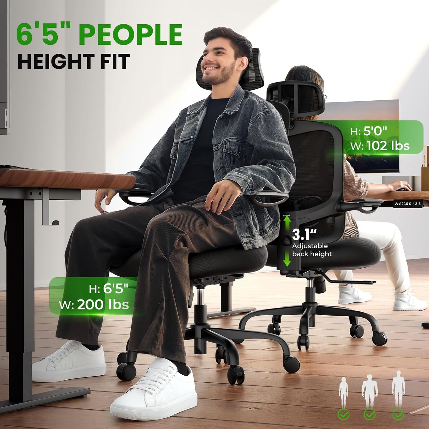 Ergonomic Office Chair Big and Tall - 6'5" Tall Max, 350Lbs Capacity Computer Desk Chairs Over 10 Hours Comfortable, with Adjustable Mesh High Back, Lumbar Support, 3D Headrest, Flip-up Arms