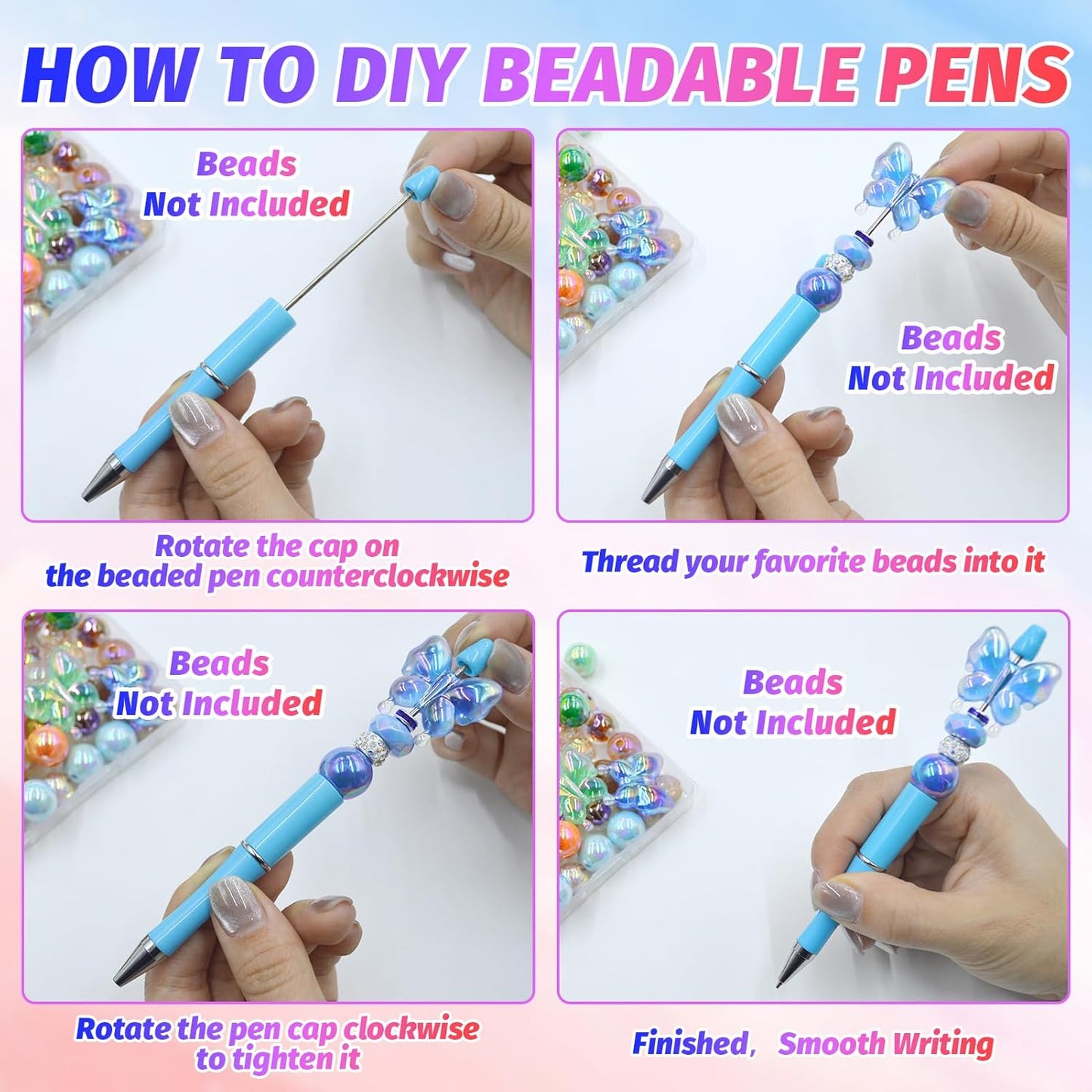 150 Pieces DIY Beadable Pen Kit – 50 Plastic Ballpoint Pens with Refills & Bags, Beads Not Included – School Supplies, Office Accessories & Craft Gifts for Students & Teachers (Multicolor)