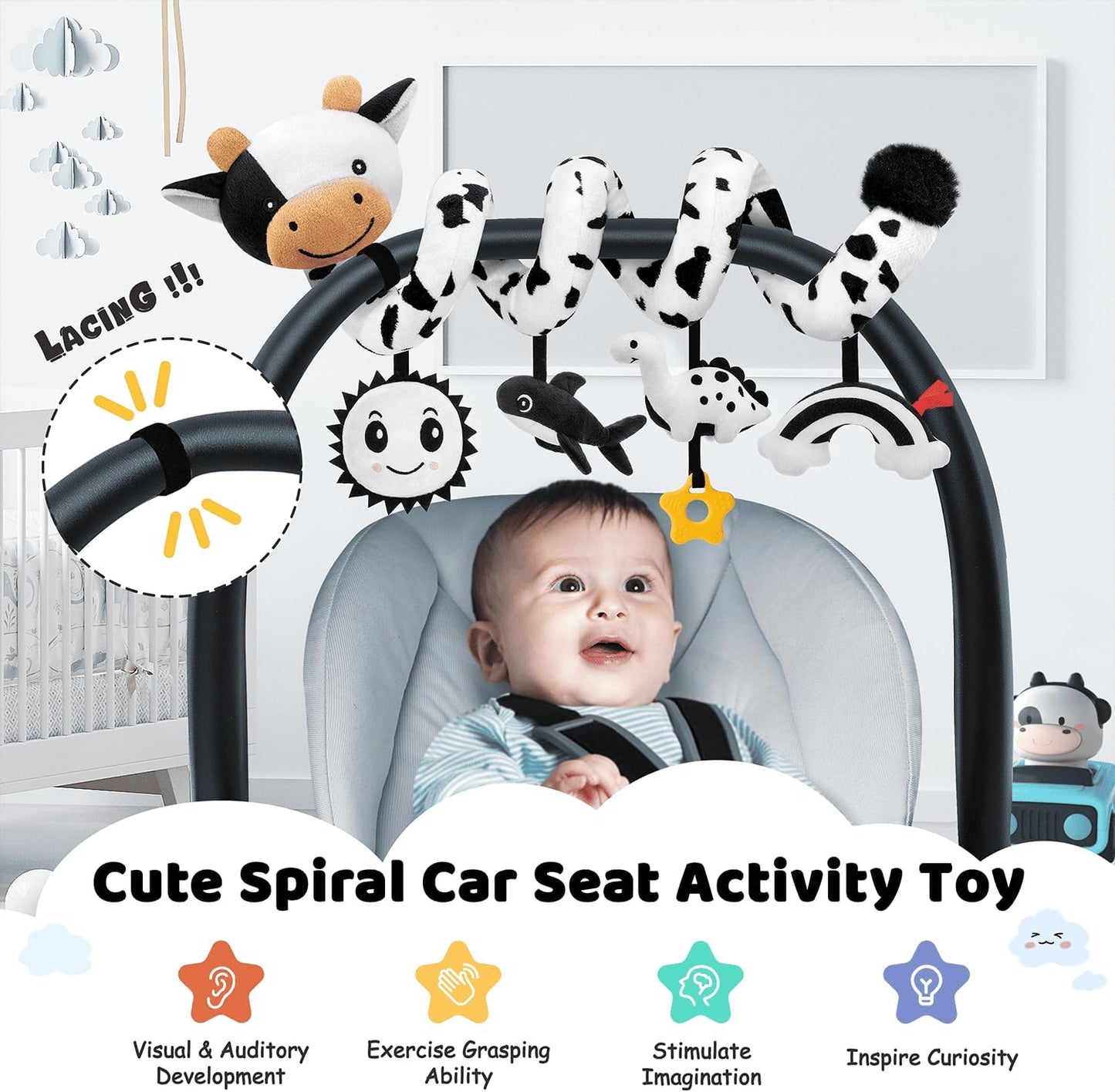 Spiral Car Seat Baby Toys 0-6 Months, Infant Carseat High Contrast Sensory Toys Hanging Stroller Accessories, Newborn Shower Gifts for Baby Boys Essentials Stuff, Cute Black and White Cow