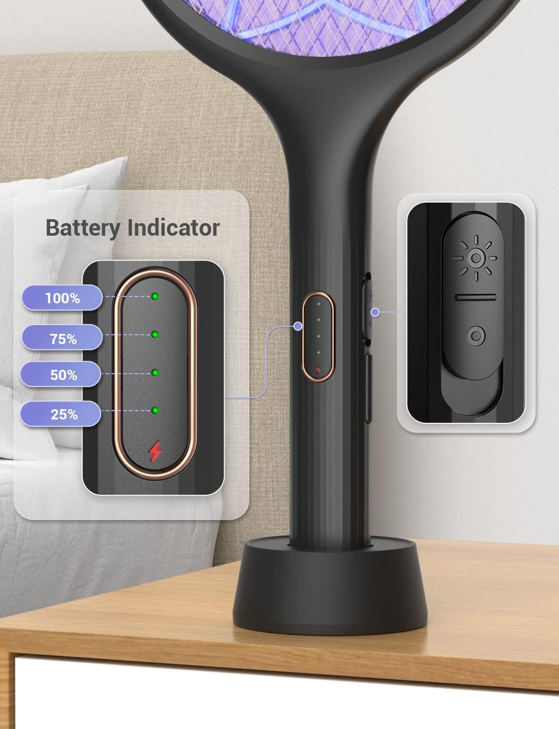 YISSVIC Electric Fly Swatter Bug Zapper Racket Dual Modes Mosquito Killer with Purple Mosquito Light Rechargeable for Indoor Home Office Backyard Patio Camping (Black) (Black-1 Pack)