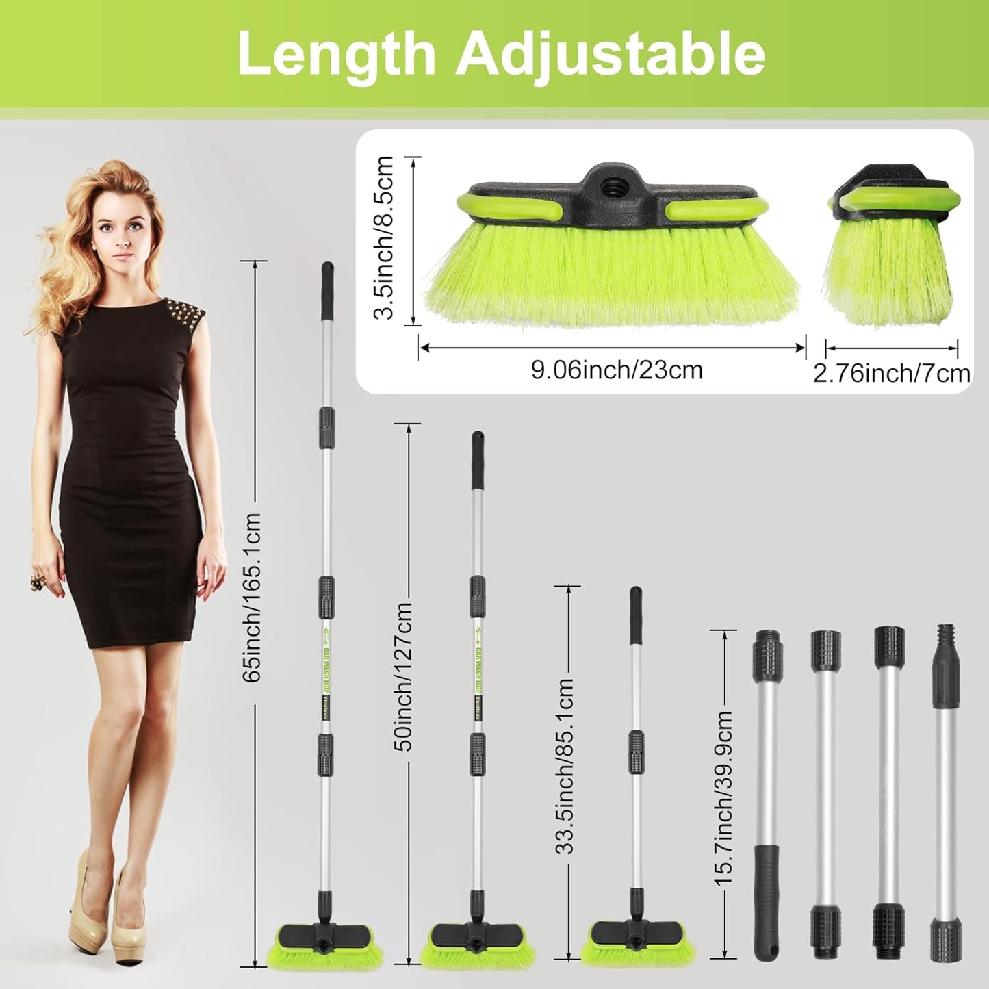 65”165cm Car Wash Brush Long Handle Soft Bristle Scrub Cleaning Mop with 4 Hand-held Places Extendable Washing Brushes Broom Kit for RV Boat Truck SUV Caravan Solar Panel House Siding,Sweep Snow