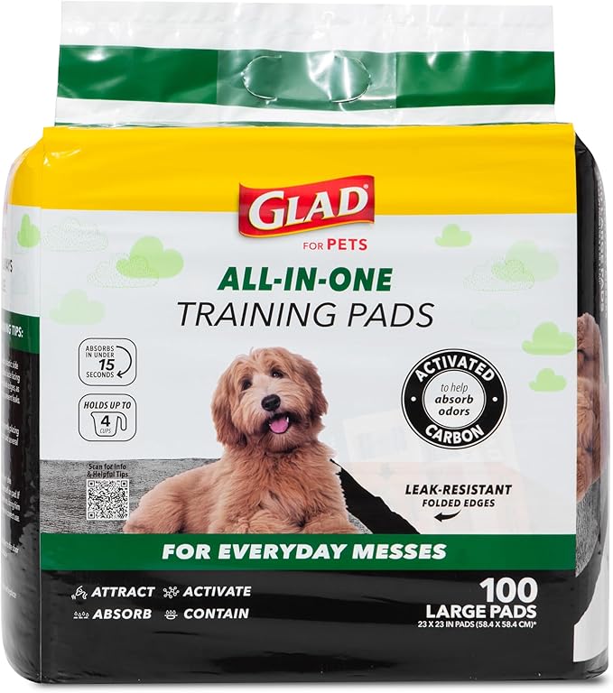 Glad for Pets Black Charcoal Puppy Pads, 23"x23" Disposable Pee Pad That Absorbs & Neutralizes Urine Instantly, Activated Carbon Training Pads For Dogs, Potty Training Supplies - 100 Count