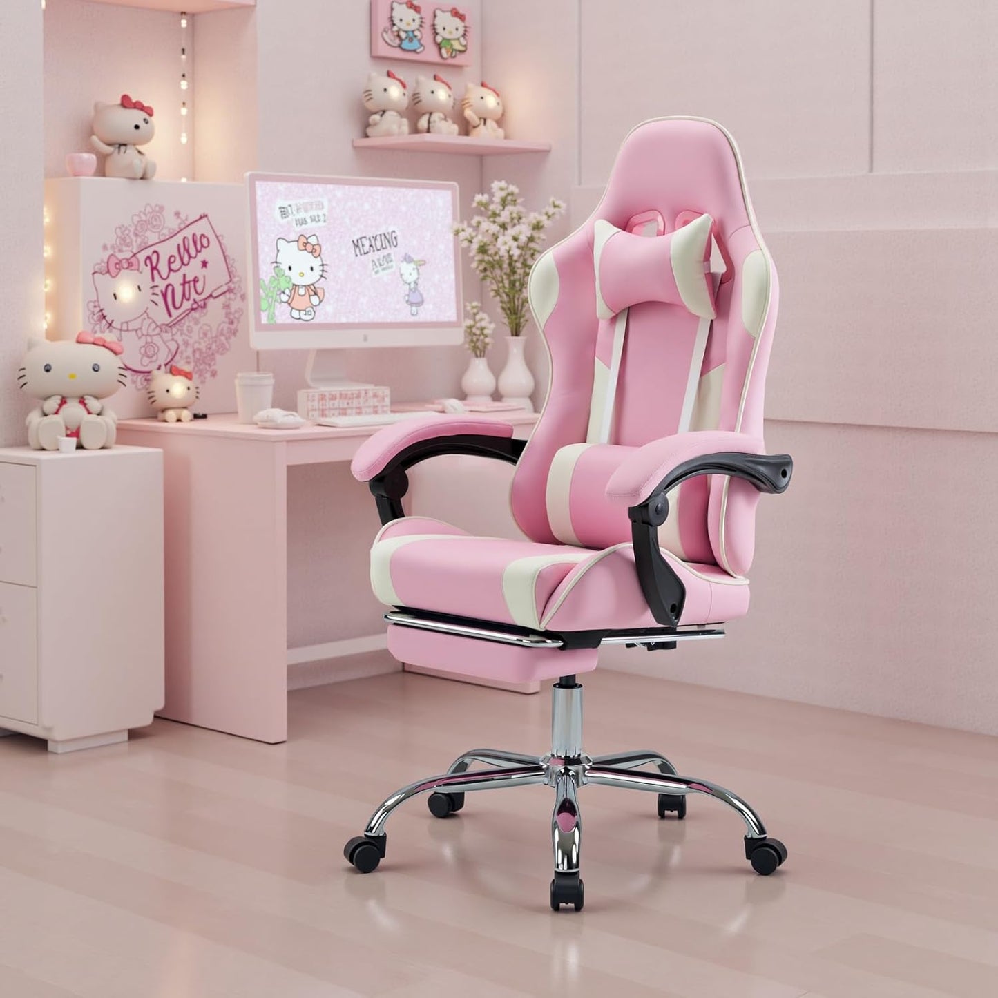 DUMOS Ergonomic Gaming Office Desk Chair with Footrest and Headrest for Adults, PU Leather Video Computer Chair with Linkage Armrests, Height Adjustable 360° Swivel Recling Chair, White Pink