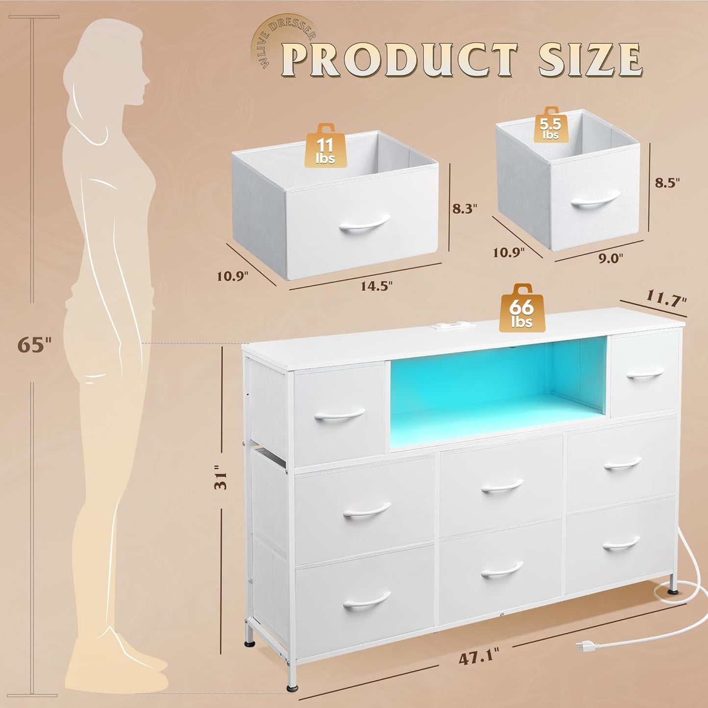 WLIVE White TV Stand for 45, 50, 55 inch TV, Entertainment Center with LED Lights & Charging Station, TV Media Console Table with 8 Fabric Drawers and Open Shelves for Living Room, Hallway, Wood Top