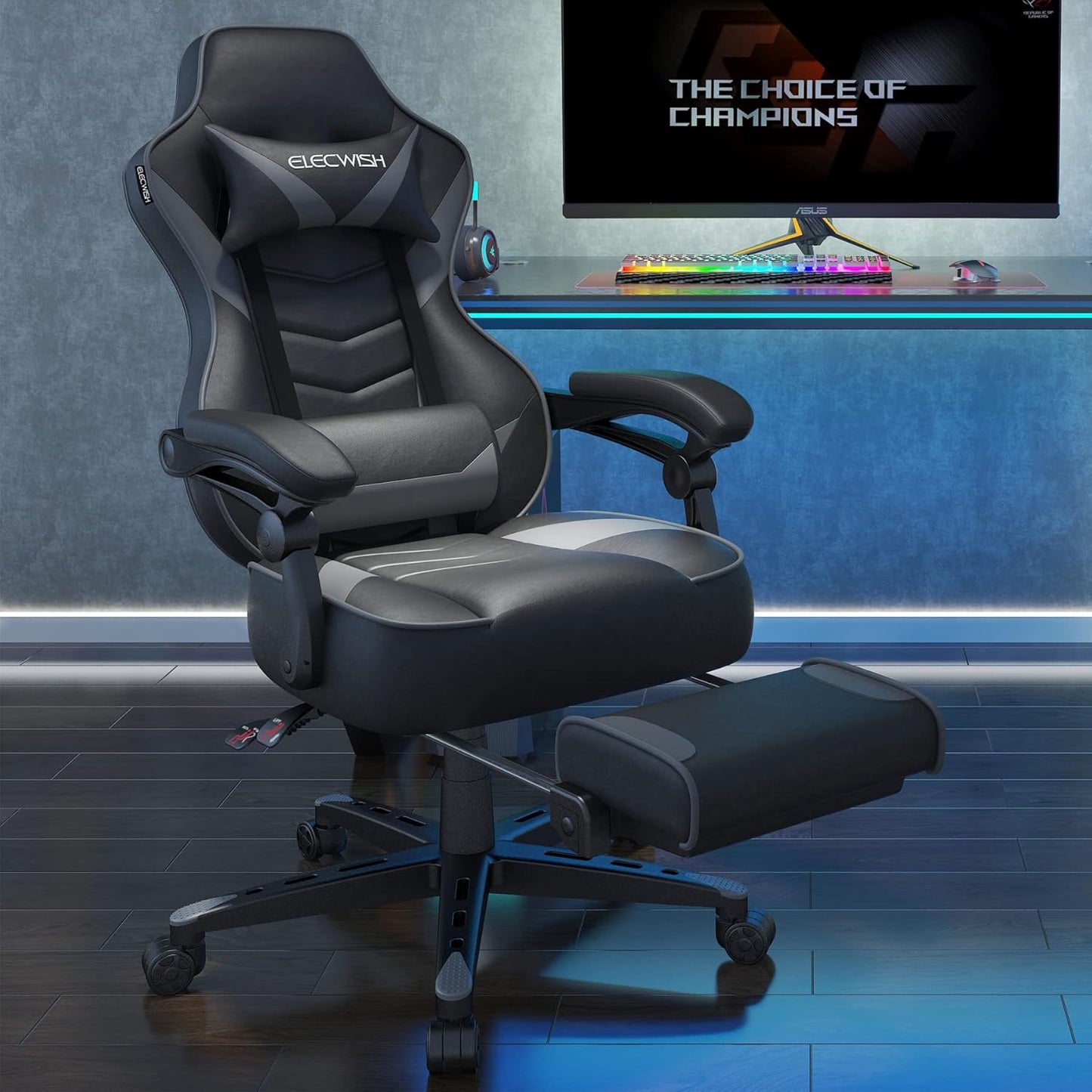 ELECWISH Gaming Chair, Backrest and Seat Height Adjustable Swivel Recliner Racing Office Computer Ergonomic Video Game Chair with Footrest and Lumbar Support, Gray