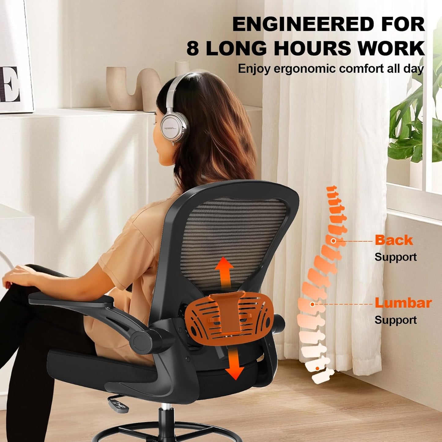 Ergonomic Drafting Chair, Tall Office Chair with Flip-up Armrests, Breathable Mesh High Desk Chair with Lumbar Support Adjustable Footrest Ring for Standing Desk Black