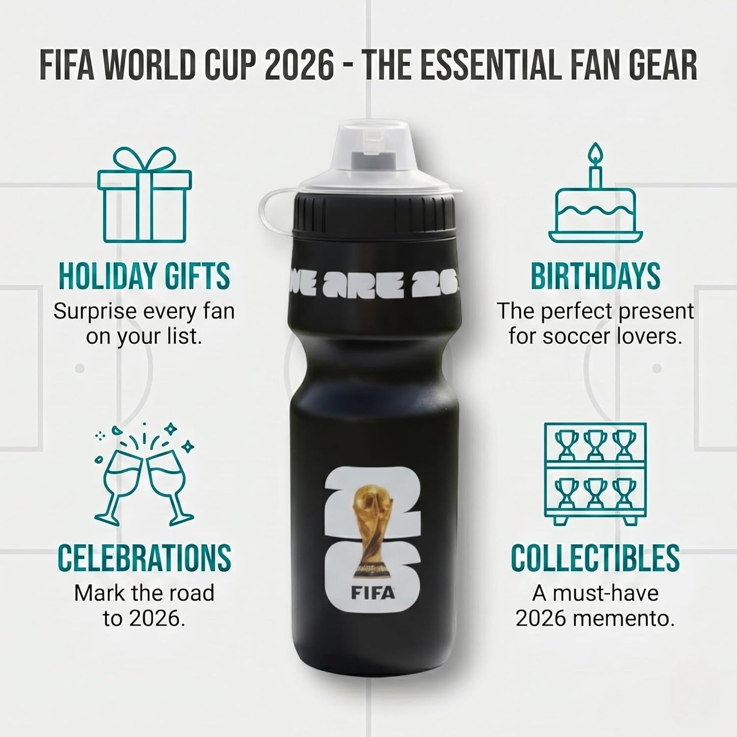 Official FIFA World Cup 2026 Edition - 24oz Refillable Squeeze Water Bottle - BPA-Free, Reusable, Dishwasher Safe with Pull-Top Cap - Designed for Everyday Use - Sports Games, Bike Rides, School, Work