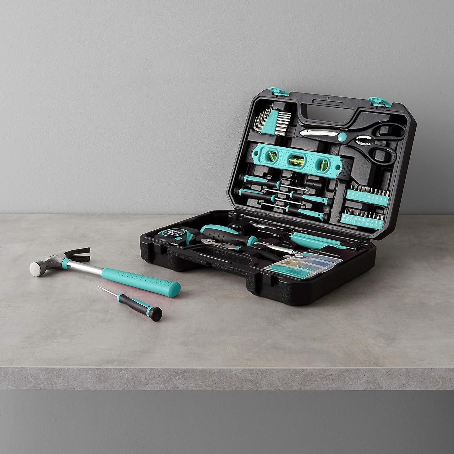 Basics Household Tool Kit With Storage Case, 142 Piece, Turquoise, 13.39 x 9.25 x 2.95 inch