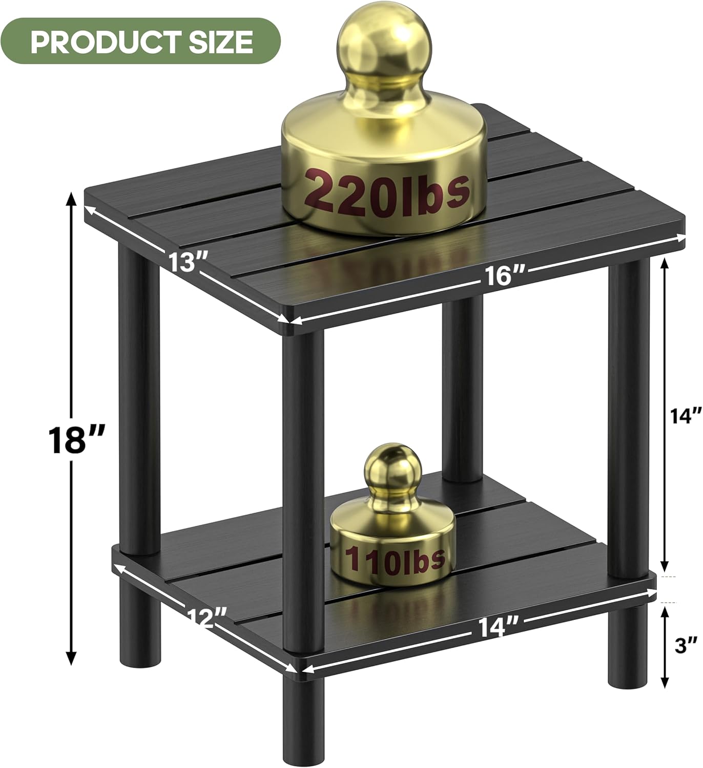 Outdoor Side Table, 2-Tier Small Outdoor Table for Patio, Adirondack Side Tables for Outside or Indoor, Bamboo End Table for Pool, Porch, Weather Resistant Easy Maintenance-Black