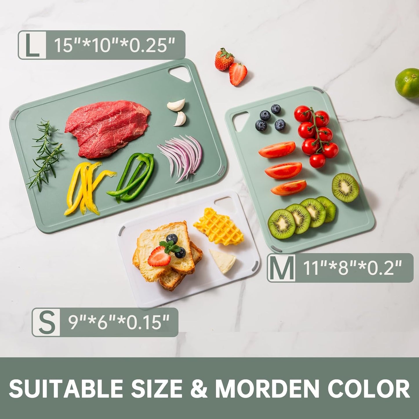 Plastic Cutting Board Set of 3-Cutting Boards for Kitchen BPA Free, Large-Small Chopping Boards Non-Slip for Cooking Camping Dishwasher Safe, Reversible, with Grip Handle, 15"×10"×0.6" Green