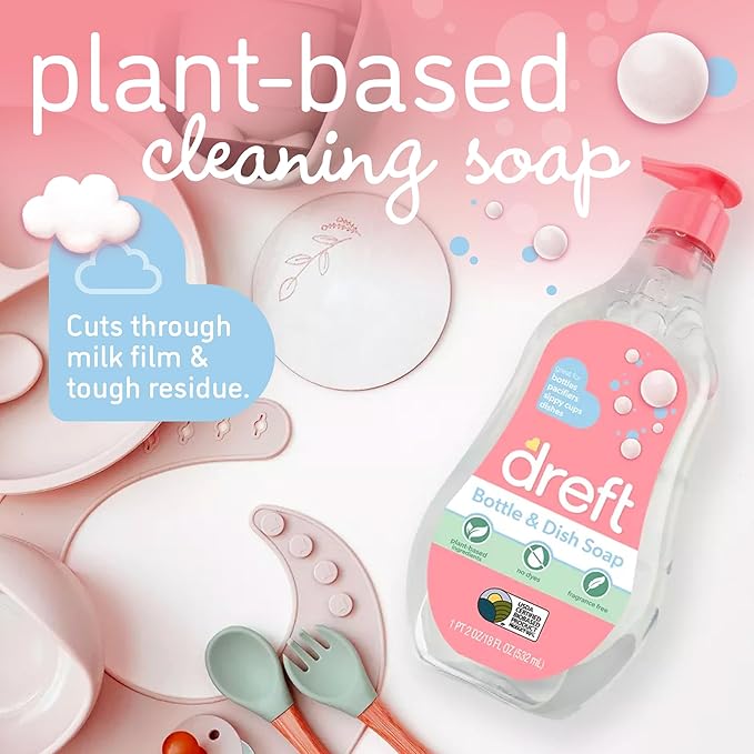 DREFT Bottle and Dish Soap | Made to Clean Baby Bottles, Sippy Cups, Pacifiers, Breast Pumps, & More | Gently Removes Milk Film & Odors | Plant Based, Fragrance Free Dish Soap | 18 Fl Oz (Pack of 3)