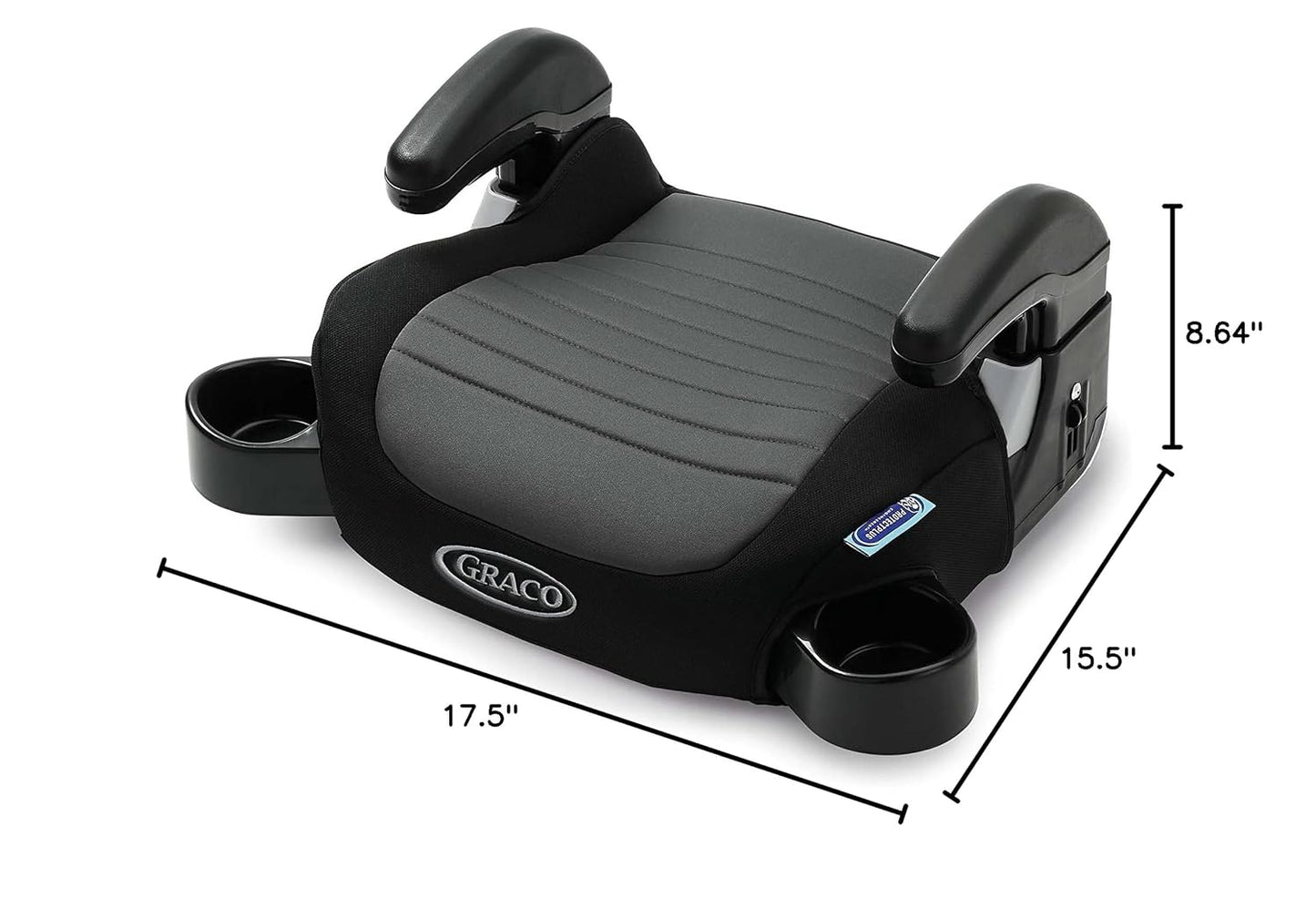 Black Graco car seat booster with dimensions on a white background