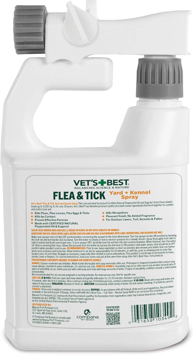 Vet's Best Natural Flea and Tick Yard and Dog Kennel Spray, Plant Safe Tick Spray for Yard with Ready-to-Use Hose Attachment, Mosquito Repellent with Natural Oils, Flea Prevention for Dogs, 32 oz