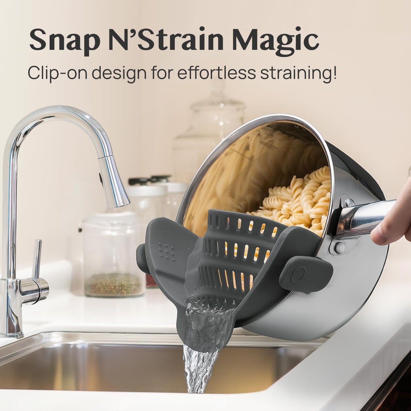 Kitchen Gizmo Snap N' Strain - Silicone Pasta Strainer Clip-On for Pots and Pans - Heat Resistant Colander for Vegetables and Noodles - Kitchen Gadgets for Cooking - Space-Saving Design - Gray