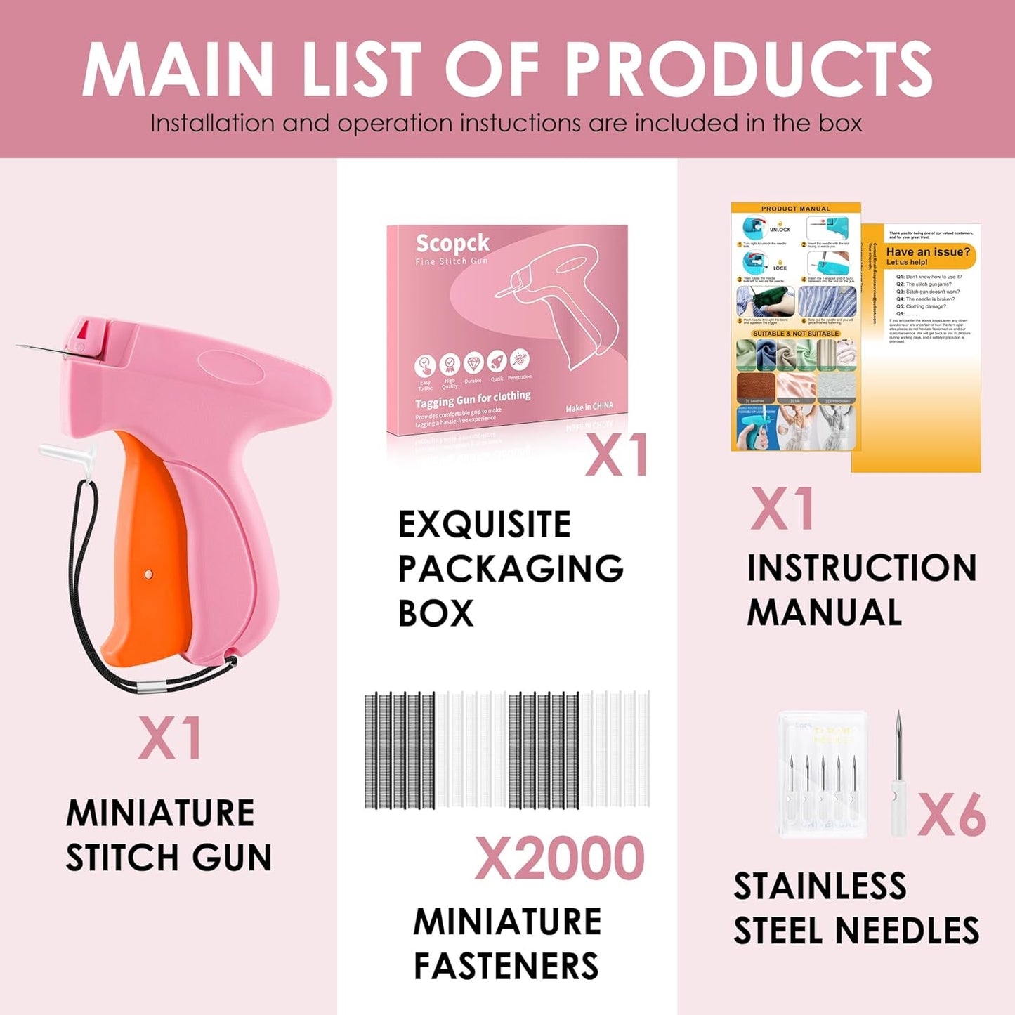 Stitch Gun for Clothes - Handheld Stitch Gun Quick Clothing Fixer - Tagging Gun - Includes 6 Needle, 1000 Black Fasteners & 1000 White Fasteners (Pink/Orange)