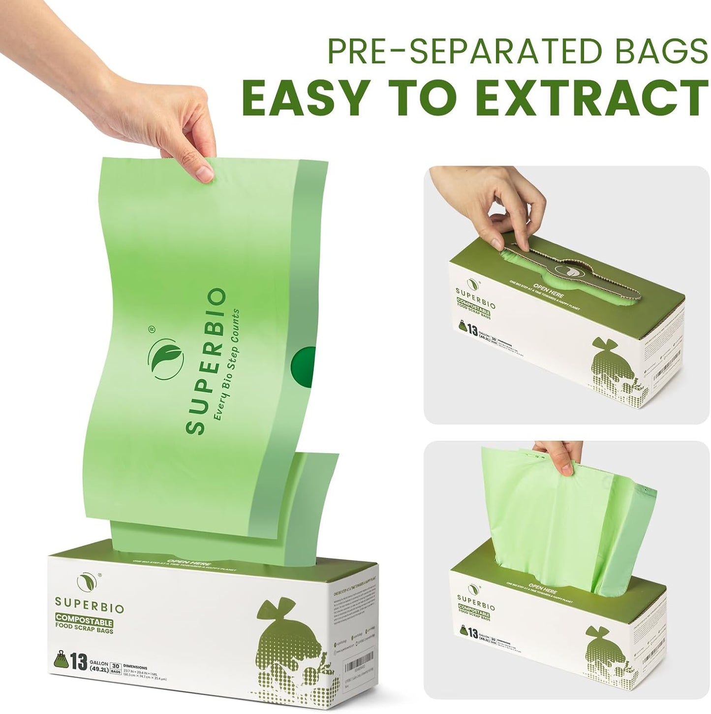 SUPERBIO 13 Gallon Compostable Drawstring Kitchen Waste Bag, 49.2 Liter, 30 Count,1 Mil, Heavy Duty Food Scrap Bags, BPI, Seedling and OK compost INDUSTRIAL