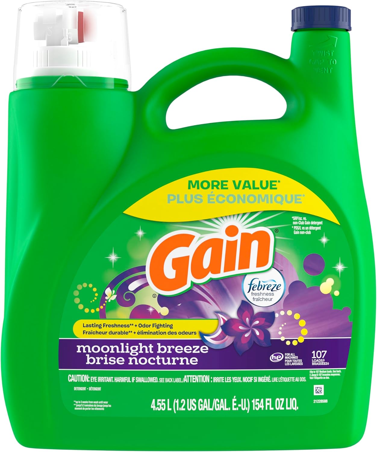 Gain + Aroma Boost Liquid Laundry Detergent, Moonlight Breeze Scent, 107 Loads, 154 Fl Oz, HE Compatible with Febreze and Oxi (125)