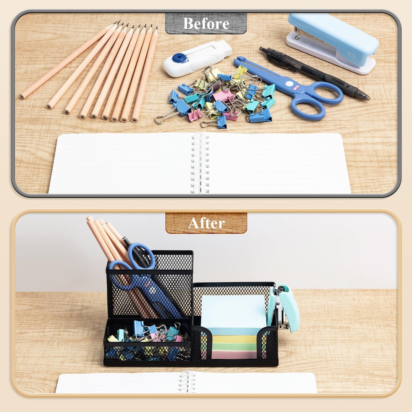 M&G Mesh Pen Holder Desk Organizers Pencil Holder for Desk Black, 3 Compartments Metal Office Supply Organizer with Sticky Notes Holder for School Home Office