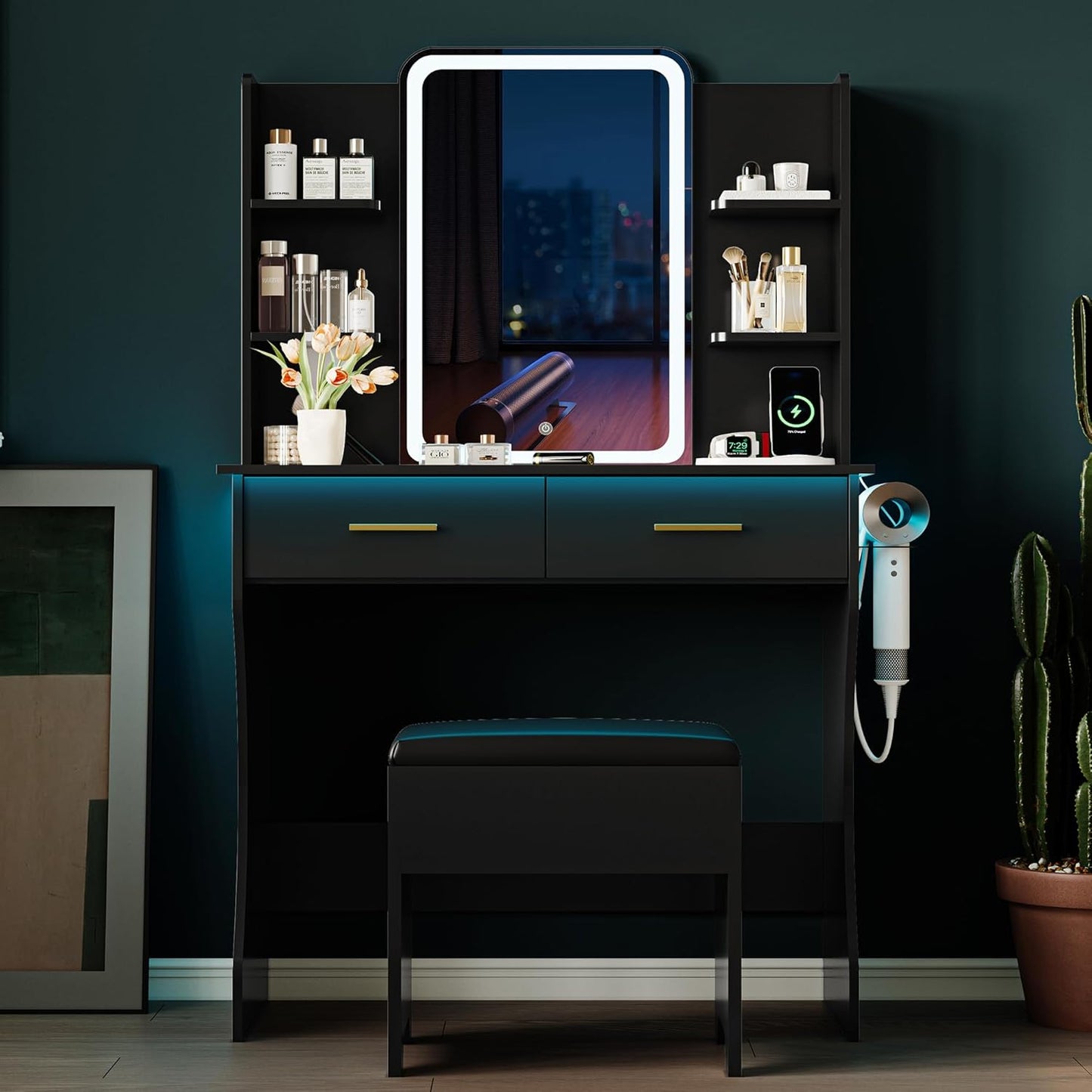 Vanity Desk with LED Lights Mirror & Power Outlet, Small Makeup Vanity Table Set with Storage Drawers & Chair, 3 Lighting Modes & Adjustable Brightness, Dressing Table for Women Girls Bedroom, Black